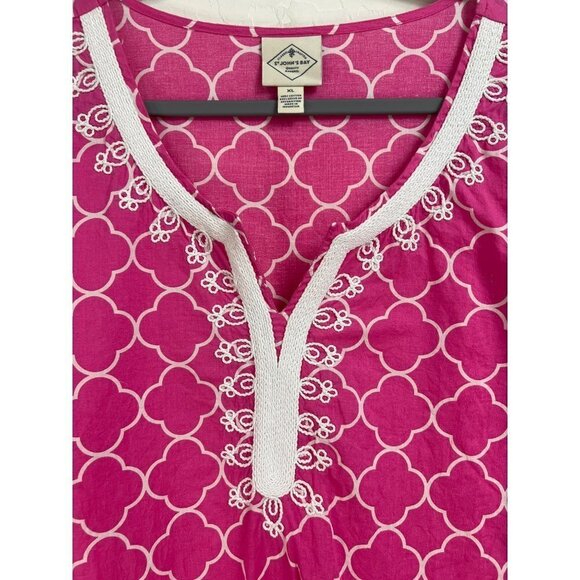 St. John's Bay Sz XL Hot Pink White Embroidered 3/4 Sleeve Pullover Blouse Pink - Picture 3 of 7